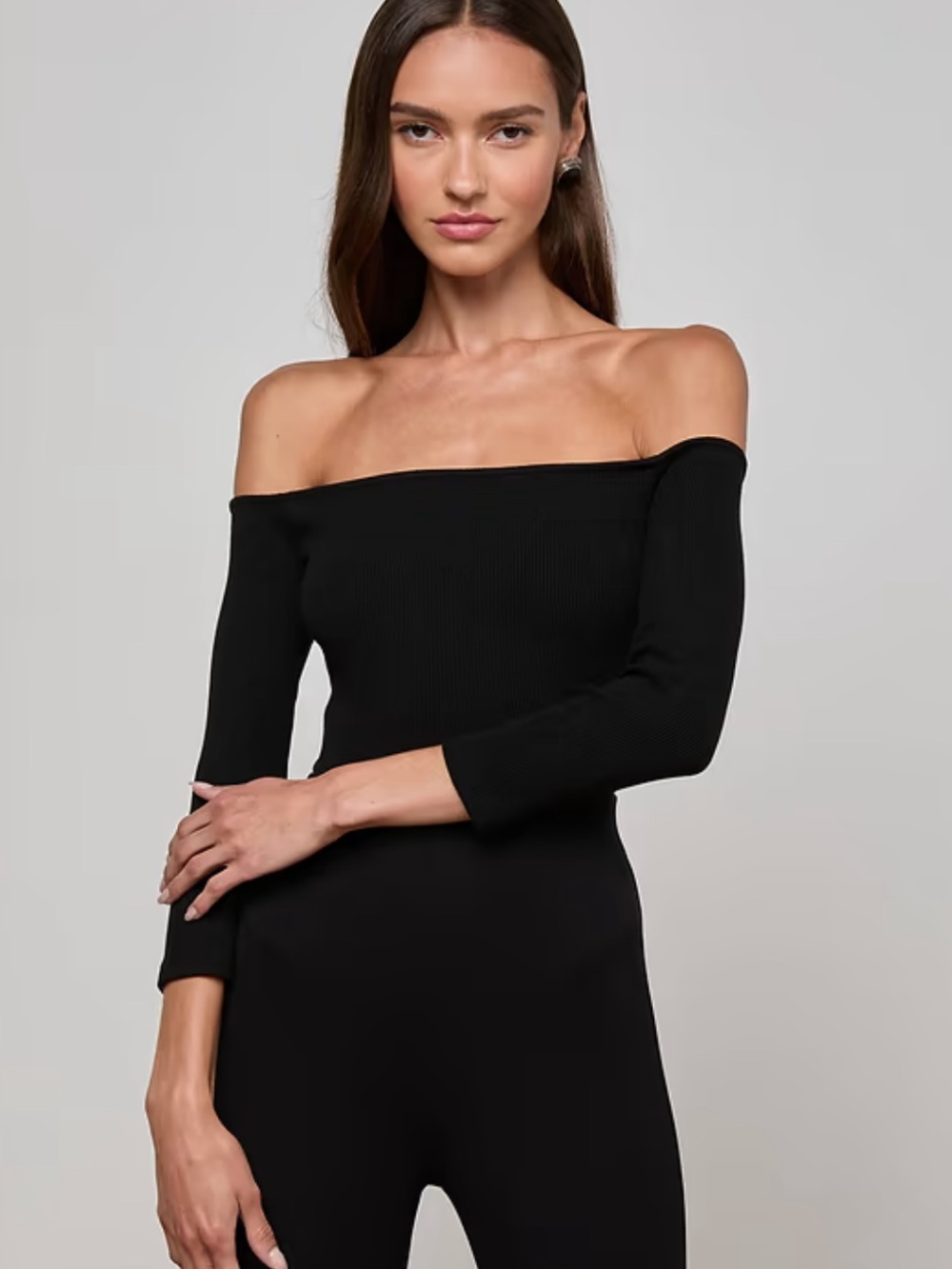 L'AGENCE Black Off-The-Shoulder Ribbed Bodysuit - Picture 4 of 12